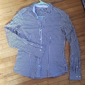 Pinstriped, button down, long sleeve blouse